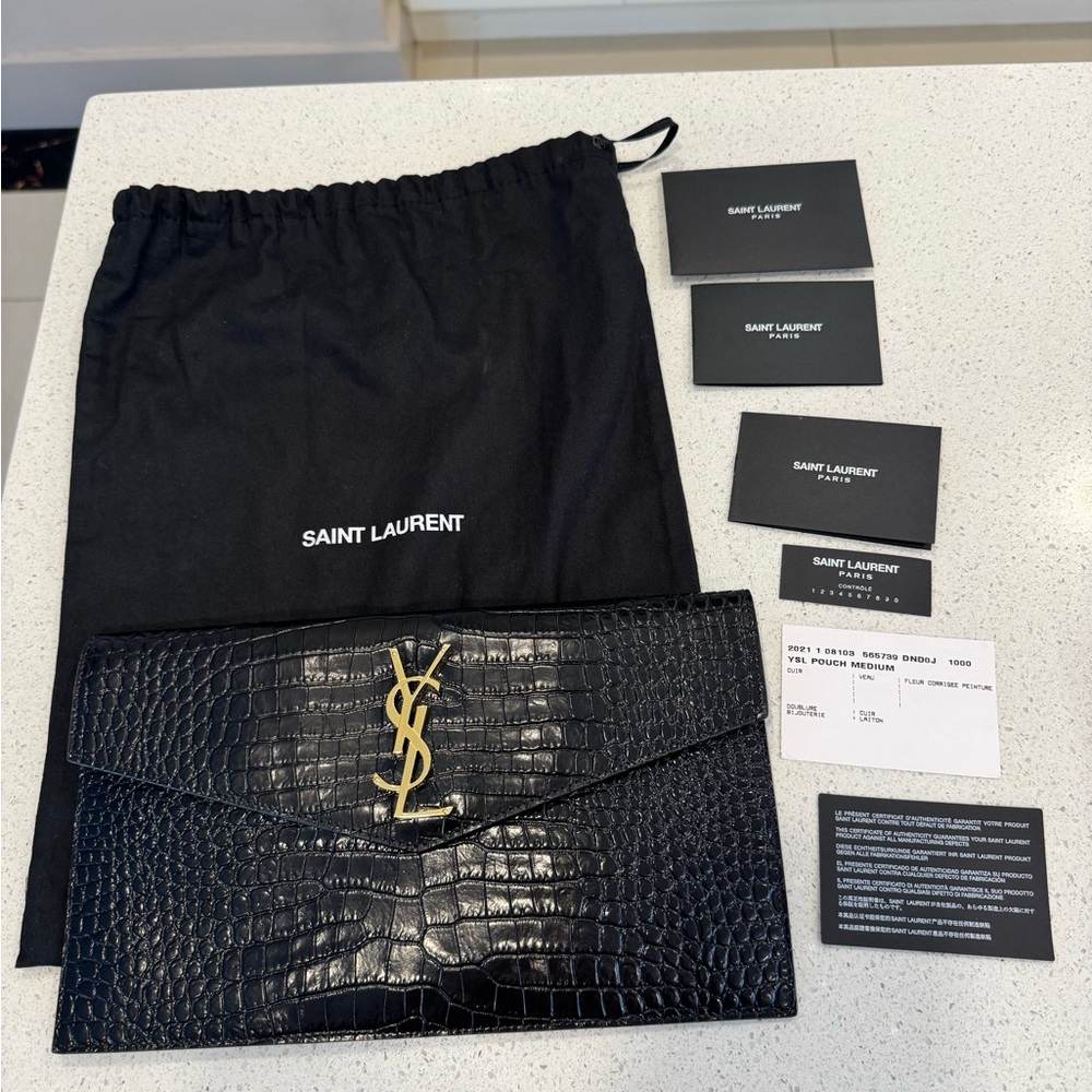 Saint Laurent Black Croc Embossed Uptown Clutch GHW